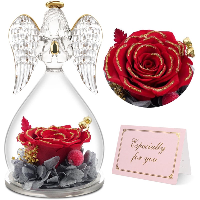 Yamonic Mom Birthday Gifts for Moms Angel Figurines with Real Rose Gifts for Her Mother Grandma Preserved Flowers Rose Angel Figurines for Mothers Day Christmas Birthday Gifts for WomenRedgold