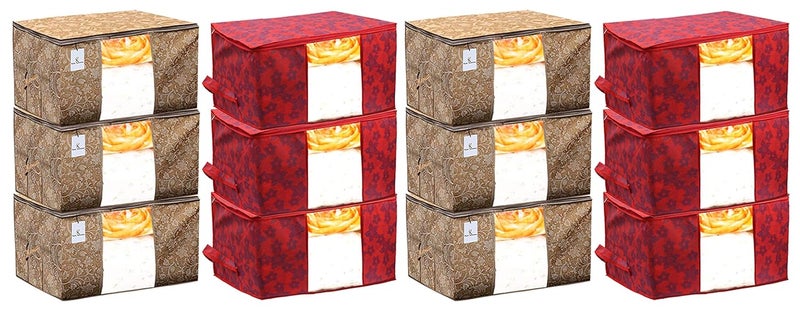 Kuber Industries Metalic Printed 12 Piece Non Woven Fabric Underbed Storage BagCloth OrganiserBlanket Cover with Transparent Window Beige Red CTKTC41288 - Image 1