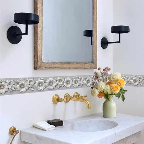 IOHEFY Silver Floral Wallpaper Border 196x4 Inch Peel and Stick Wall Border Metallic Embossed Flower Pattern Removable Vinyl Wall Trim for Kitchen Bathroom Bedroom Living Room Home Decor - Image 5