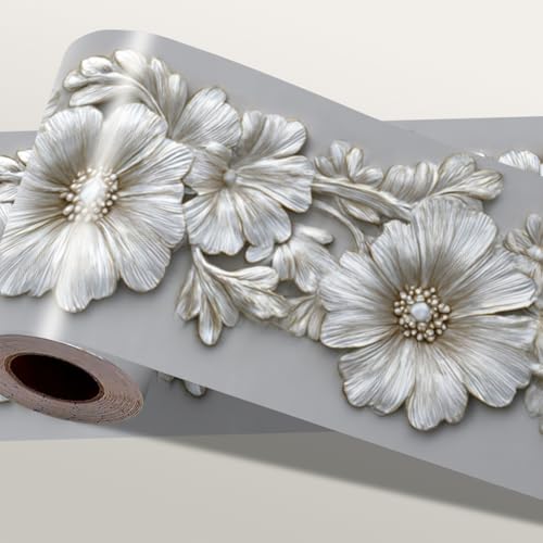 IOHEFY Silver Floral Wallpaper Border 196x4 Inch Peel and Stick Wall Border Metallic Embossed Flower Pattern Removable Vinyl Wall Trim for Kitchen Bathroom Bedroom Living Room Home Decor - Image 1