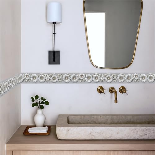 IOHEFY Silver Floral Wallpaper Border 196x4 Inch Peel and Stick Wall Border Metallic Embossed Flower Pattern Removable Vinyl Wall Trim for Kitchen Bathroom Bedroom Living Room Home Decor - Image 3