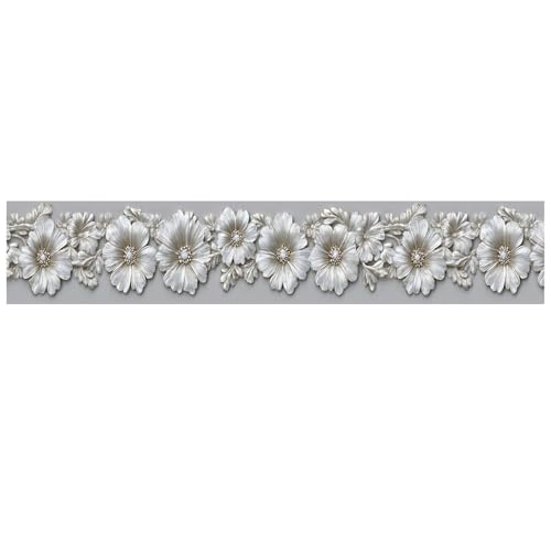 IOHEFY Silver Floral Wallpaper Border 196x4 Inch Peel and Stick Wall Border Metallic Embossed Flower Pattern Removable Vinyl Wall Trim for Kitchen Bathroom Bedroom Living Room Home Decor - Image 2