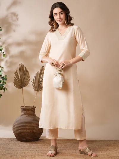 globus Women Silver Zari Embroidered V-Neck Straight Kurta & Elasticated Pants Workwear Set