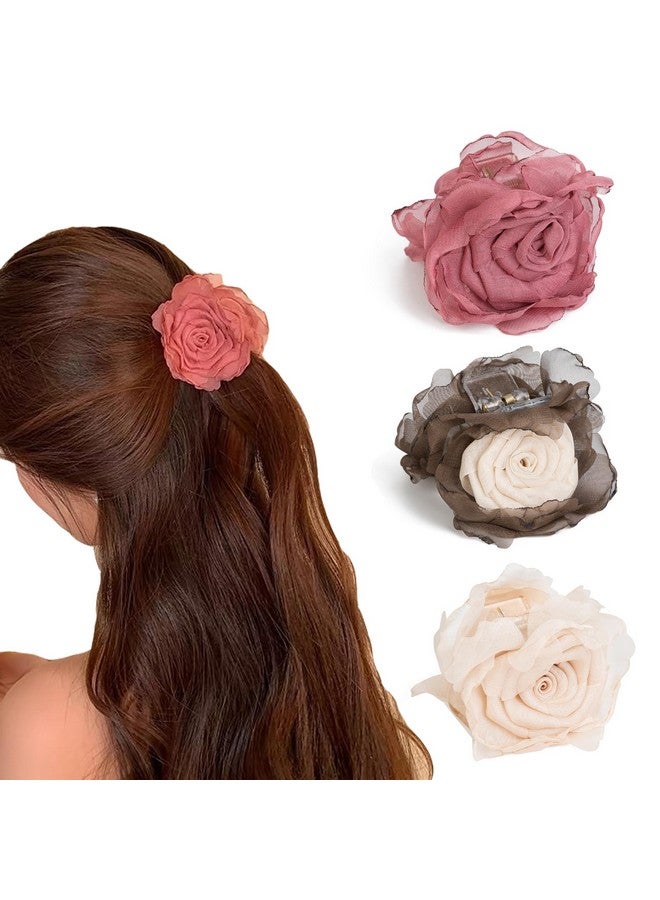 Agirlvct 3 Pack Flower Hair Clip Medium, Small Rose Claw Clips for High Ponytail,Hair Clips Travel Beach Holiday Birthday Gift for Mother Girl Thick Thin Long Hair(Pink Gray-white White) - Image 1