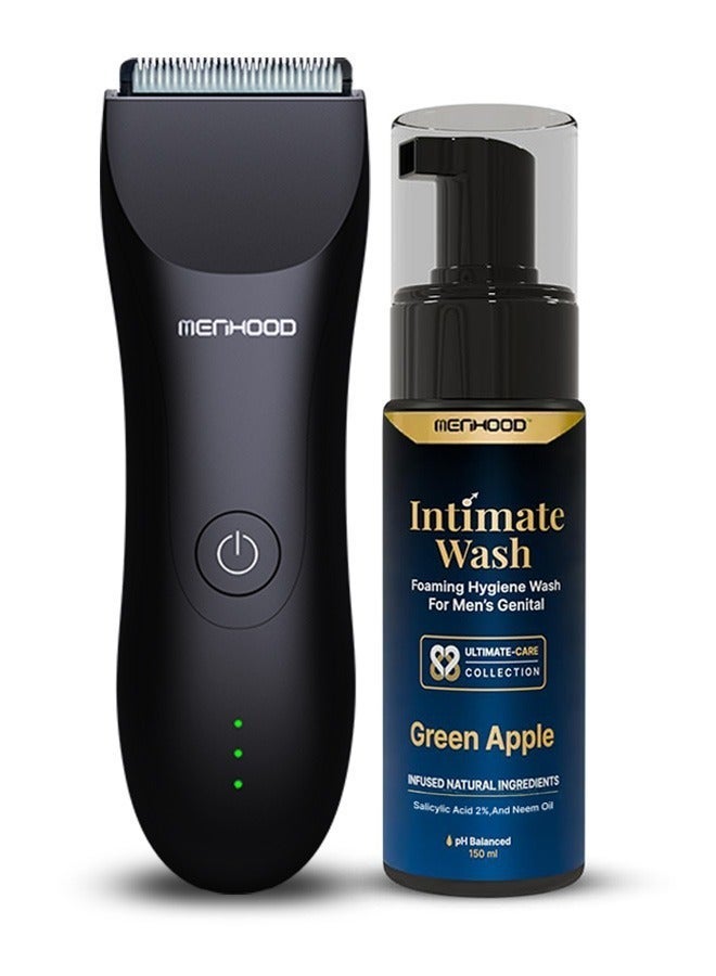 MENHOOD Waterproof Cordless Grooming Trimmer 1.0 & Intimate Wash for Men 150ML | Complete Male Grooming Kit | Full Body & Beard Trimmer with 150 Min Runtime | Rechargeable Electric Groomer & Shaver | Tea Tree & Neem Oil Foaming Wash | Anti-Fungal, pH Balanced, Skin Brightening & Long-Lasting Freshness - Image 1