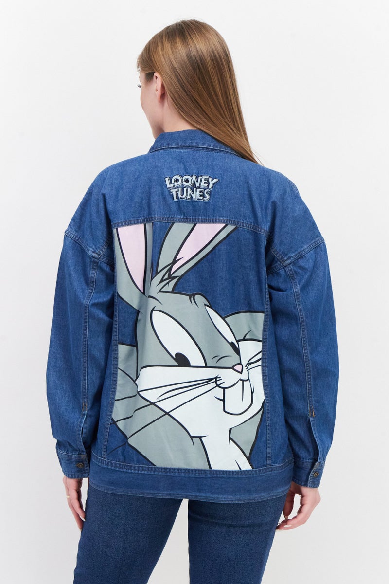 Looney Tunes Women Graphic Print Denim Jacket, Blue - Image 3