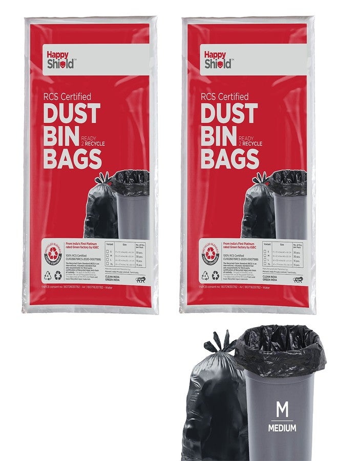 Happy Shield Garbage Bags Medium | RCS Certified | Dustbin Bags 19x21 Inch | Durable & Leak-Proof | Disposable Garbage Bags for Home, Kitchen Waste | Pack of 2 (60 Black Bags) - Image 1