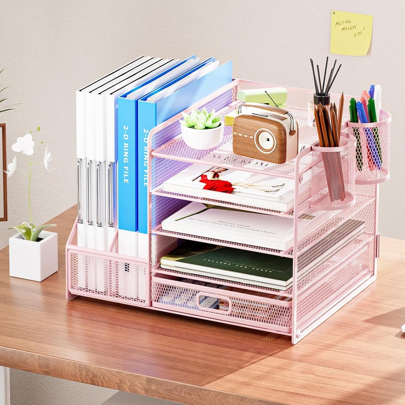 Marbrasse Desk Organizer with File Holder, 5-Tier Paper Letter Tray Organizer with Drawer and 2 Pen Holder, Mesh Desktop Organizer and Storage with Magazine Holder for Office Supplies(Pink) - Image 3