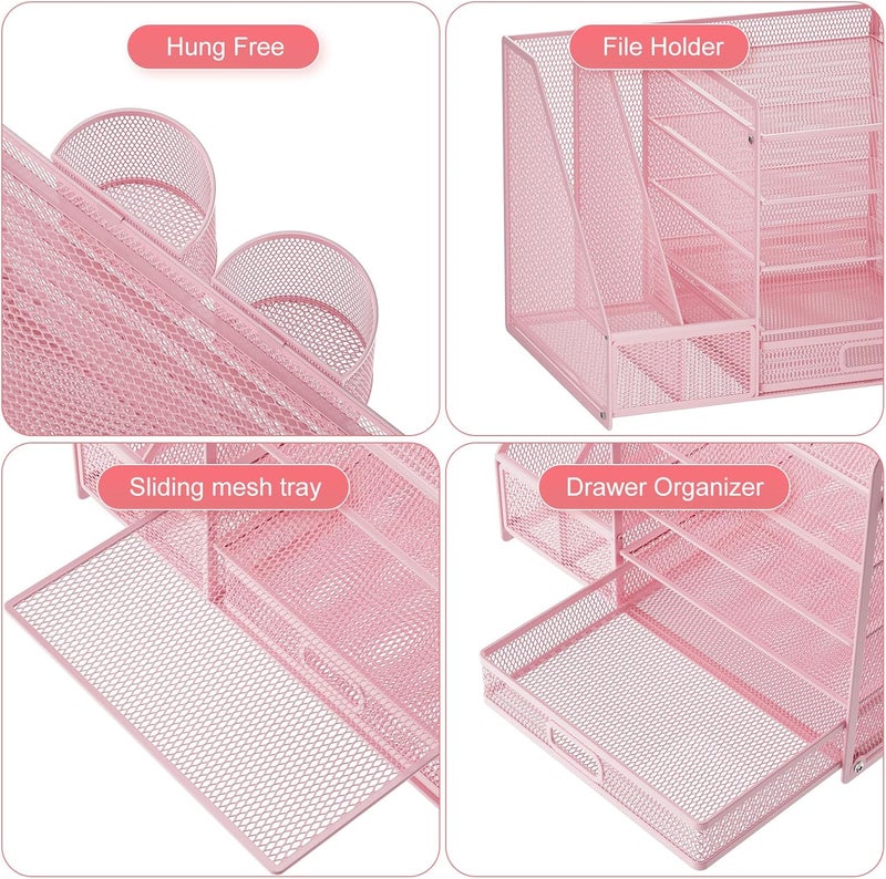 Marbrasse Desk Organizer with File Holder, 5-Tier Paper Letter Tray Organizer with Drawer and 2 Pen Holder, Mesh Desktop Organizer and Storage with Magazine Holder for Office Supplies(Pink) - Image 4