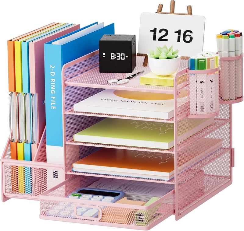 Marbrasse Desk Organizer with File Holder, 5-Tier Paper Letter Tray Organizer with Drawer and 2 Pen Holder, Mesh Desktop Organizer and Storage with Magazine Holder for Office Supplies(Pink) - Image 1