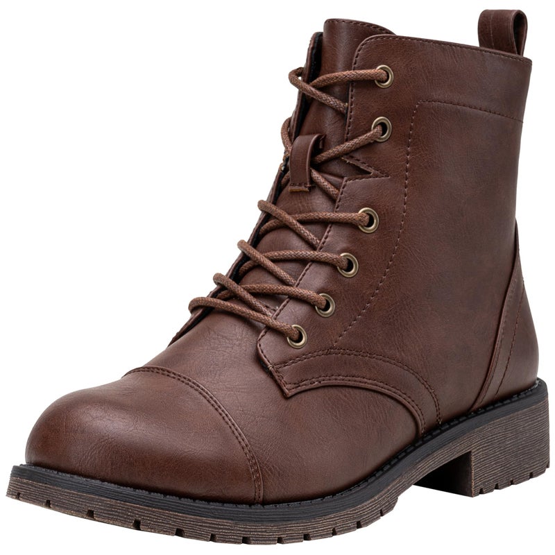 Vepose Women's Ankle Boots Lace up, Flat Fashion Combat Booties Low Heel, 910 - Cognac, Red Brown, Size 9 US (CJY910 Cognac 09) - Image 1