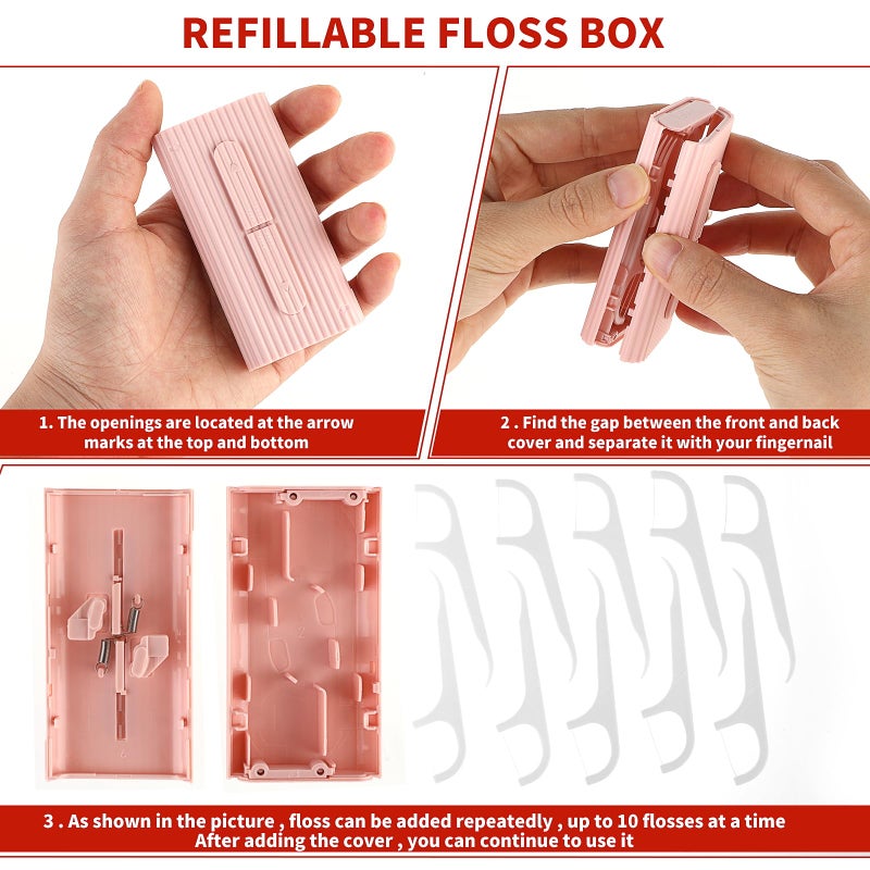 WLLHYF Portable Dental Floss Case Automatic Dental Floss Pick Organizer Case Travel Flosser Dispenser Storage Case Refillable Holder Boxes with 10 Floss Picks for Teeth Cleaning (Pink) - Image 3