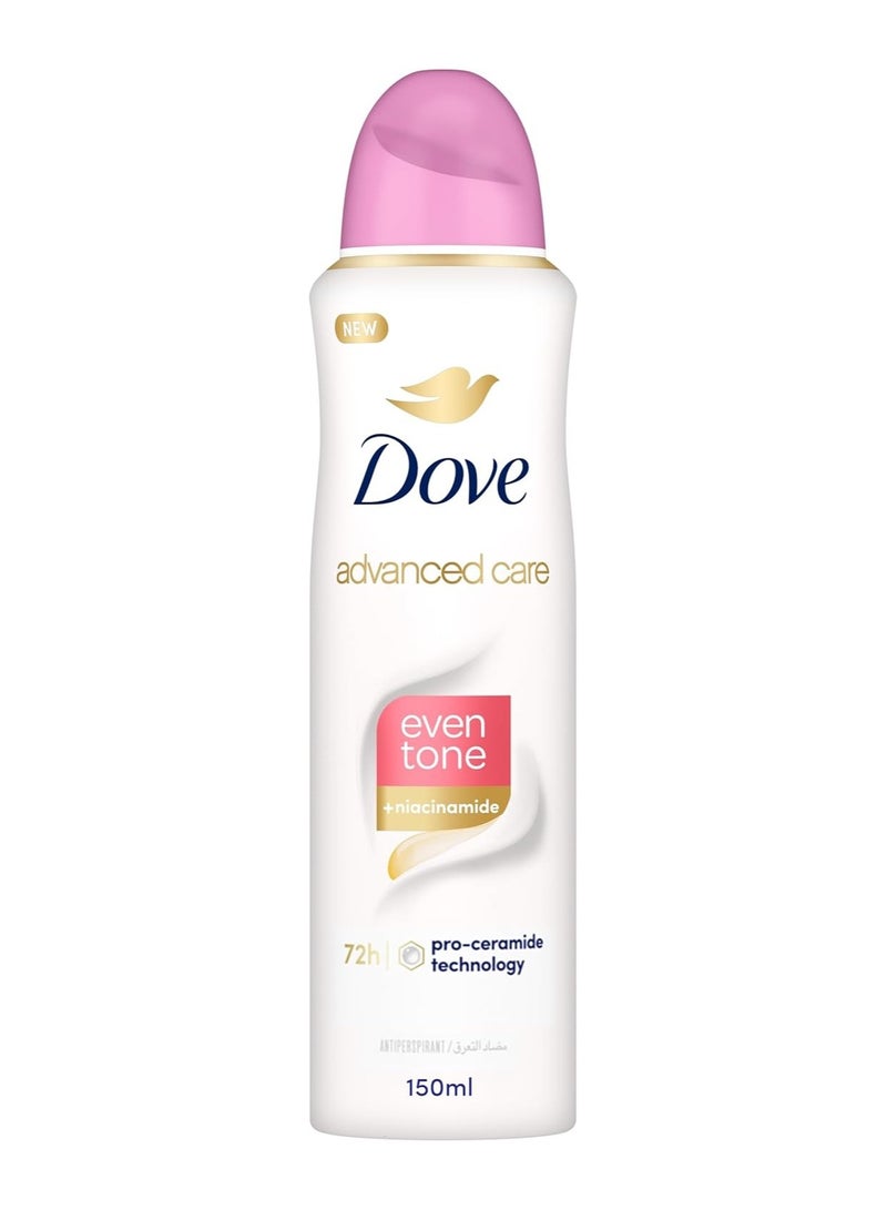 دوف للعناية المتقدمة، بخاخ مزيل للعرق، لون موحد، حماية من العرق والرائحة لمدة 72 ساعة، ومرطب بتقنية برو سيراميد، 150 مل