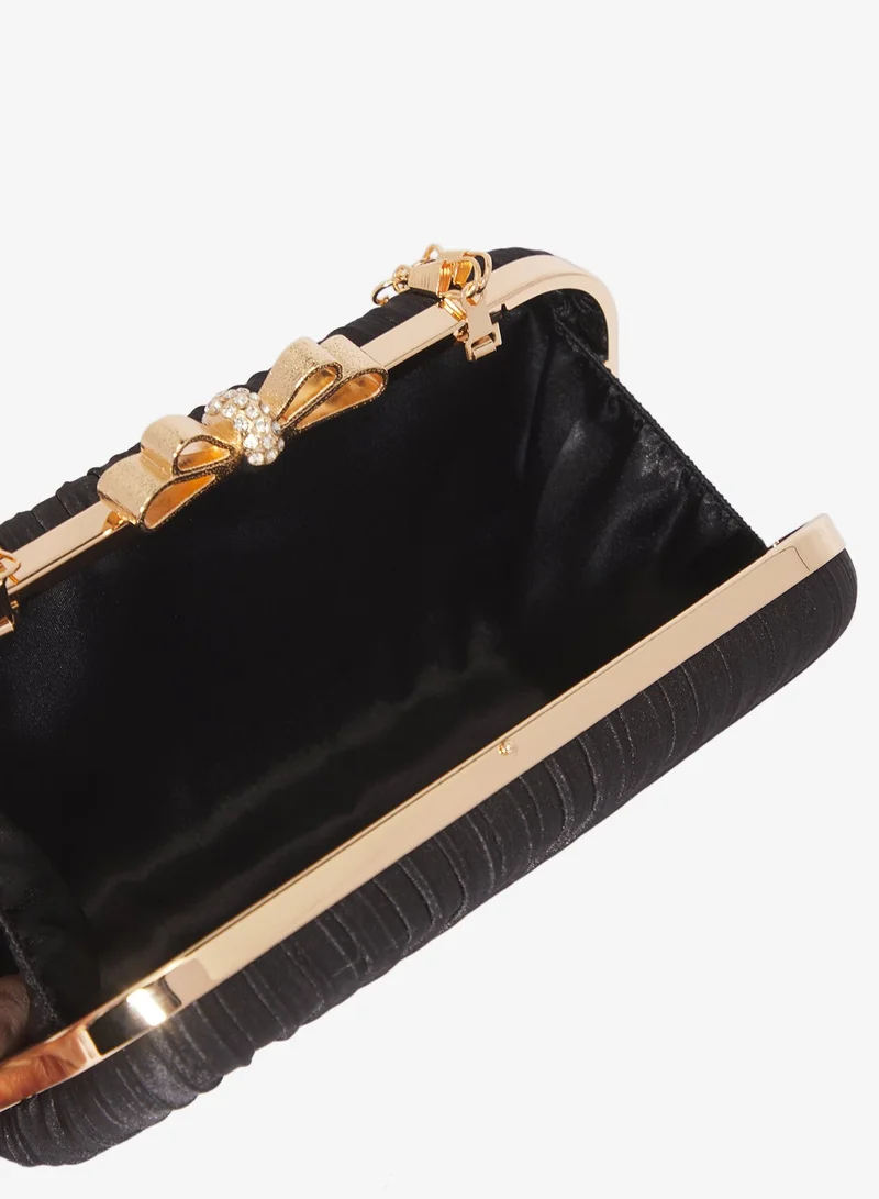 Ella Limited Edition Black Textured Clutch With Gold Accent Bow Detail for Women | Best Price UAE