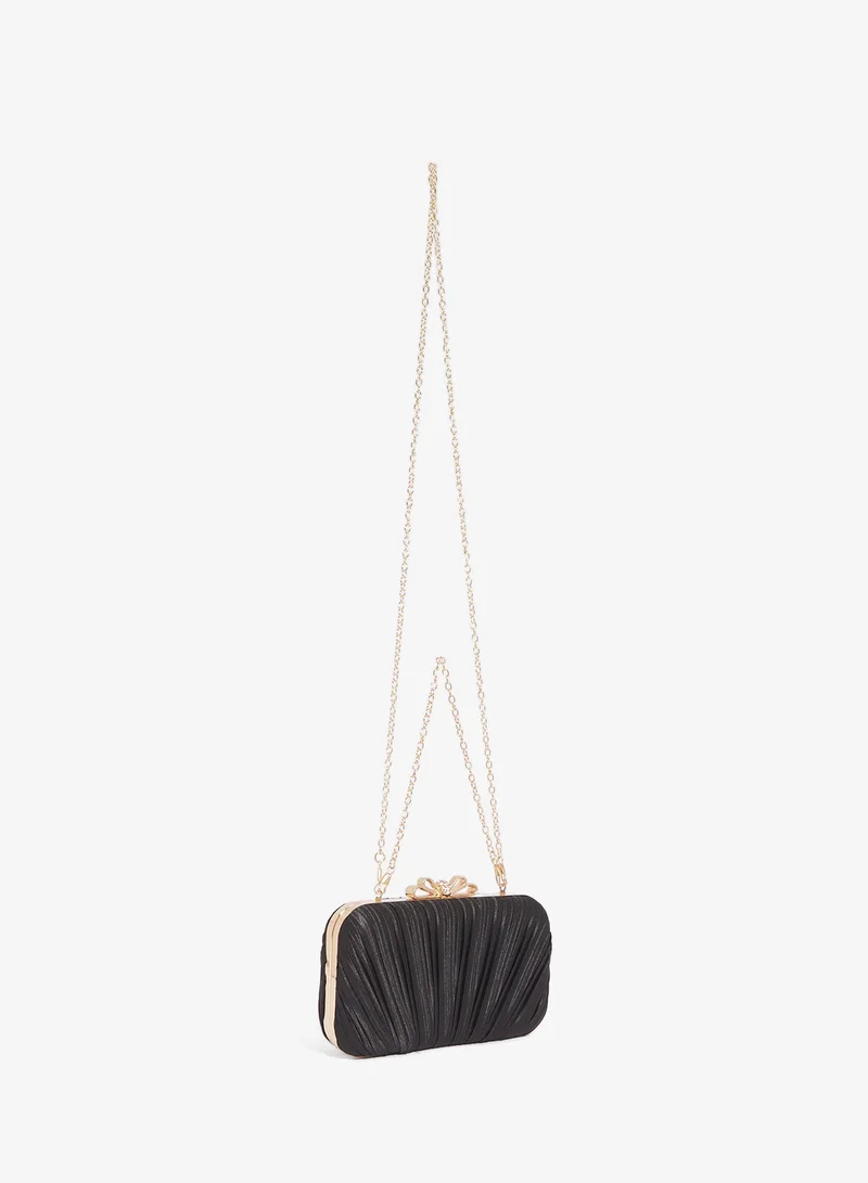 Ella Limited Edition Black Textured Clutch With Gold Accent Bow Detail for Women | Best Price UAE