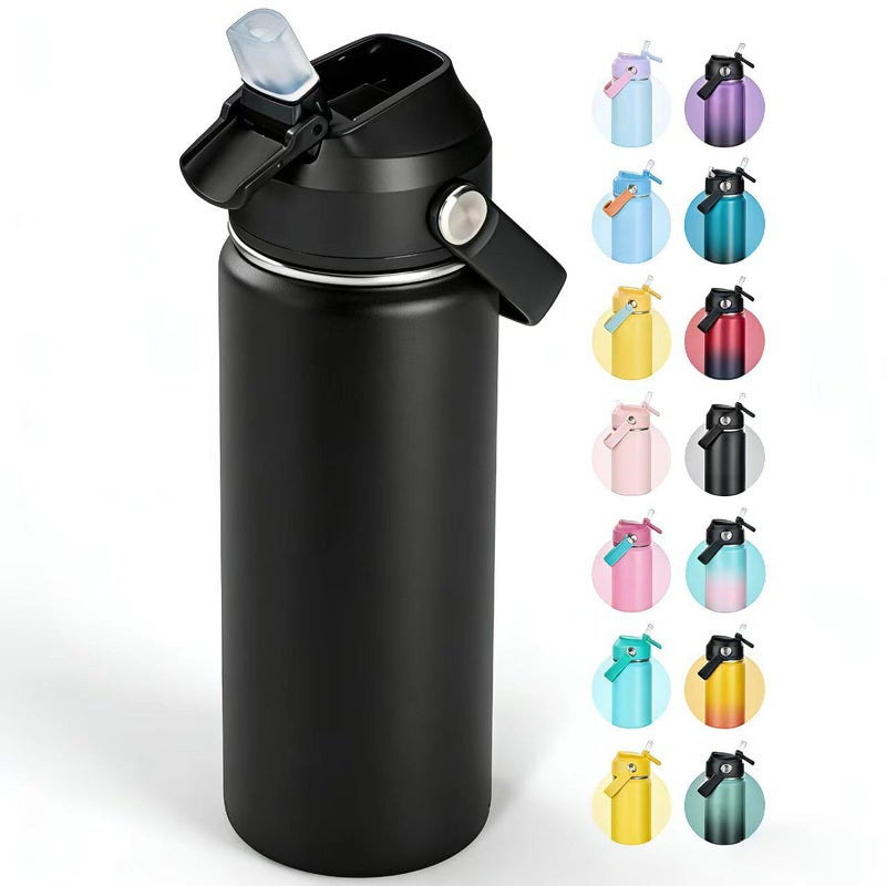 Fijinhom 18oz Insulated Stainless Steel Water Bottle, Wide Mouth Double Wall Vacuum, Silicone Straw, Sweat & Leak Proof, BPA Free Insulated Water Flask for Travel, Keep Cold 24h Hot 12h, Black - Image 1