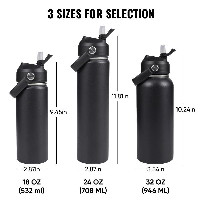 Fijinhom 18oz Insulated Stainless Steel Water Bottle, Wide Mouth Double Wall Vacuum, Silicone Straw, Sweat & Leak Proof, BPA Free Insulated Water Flask for Travel, Keep Cold 24h Hot 12h, Black - Image 2