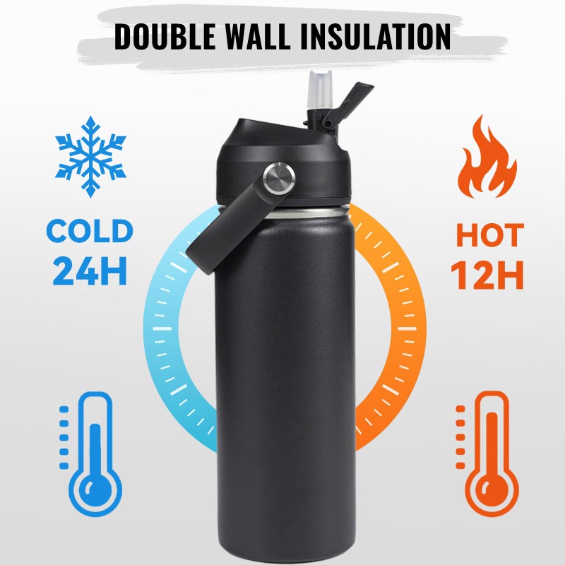 Fijinhom 18oz Insulated Stainless Steel Water Bottle, Wide Mouth Double Wall Vacuum, Silicone Straw, Sweat & Leak Proof, BPA Free Insulated Water Flask for Travel, Keep Cold 24h Hot 12h, Black - Image 5