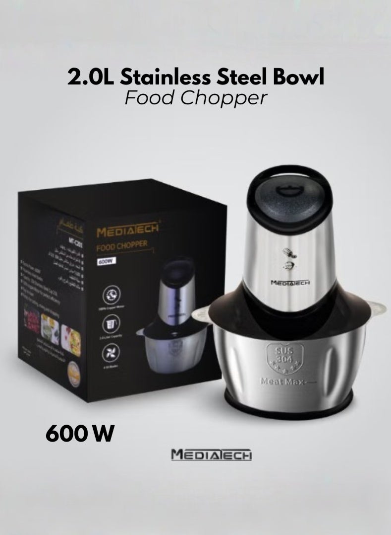 Mediatech Food Chopper | 2.0L Stainless Steel Bowl | 600W | 4 Stainless Steel Blades | 100% Copper Motor | MT-C201 - Image 1