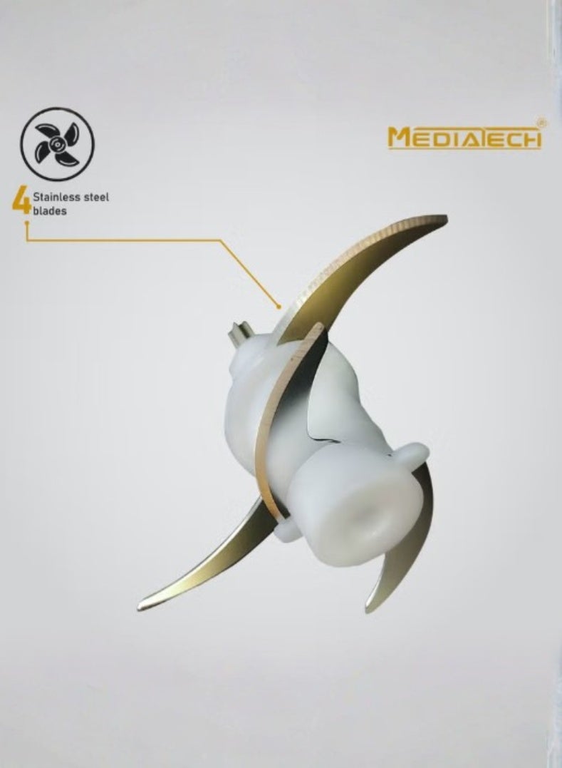 Mediatech Food Chopper | 2.0L Stainless Steel Bowl | 600W | 4 Stainless Steel Blades | 100% Copper Motor | MT-C201 - Image 3