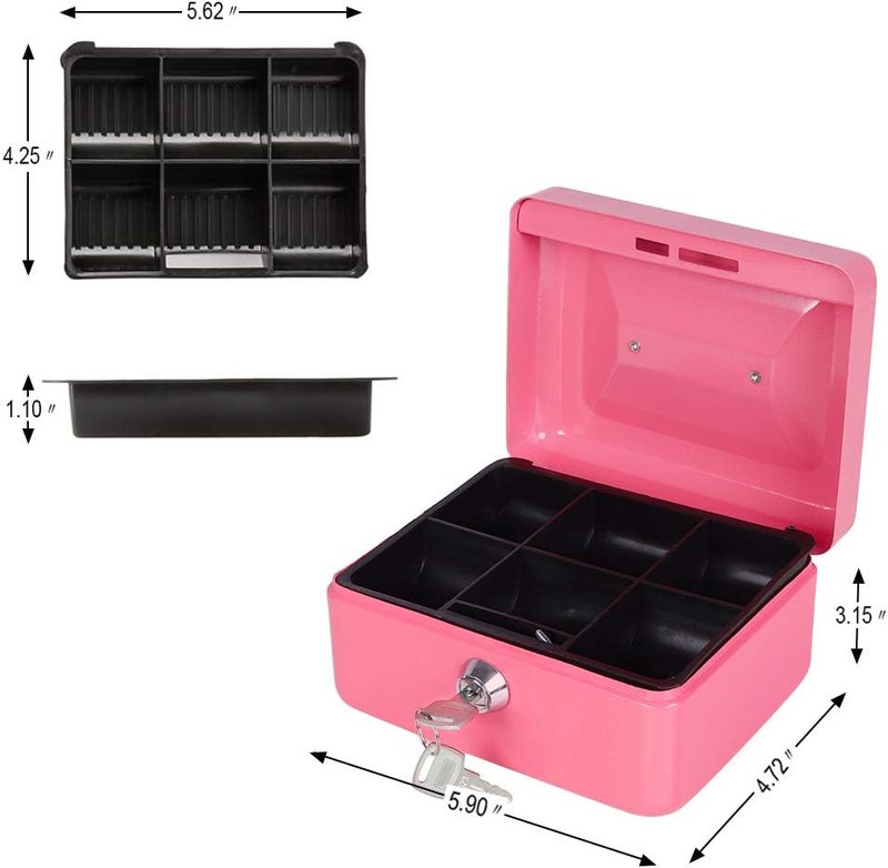 Parrency Cash Box with Money Tray, Small Money Box with Key Lock, 6" x 4 4/5" x 3", Pink - Image 3