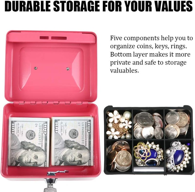 Parrency Cash Box with Money Tray, Small Money Box with Key Lock, 6" x 4 4/5" x 3", Pink - Image 2