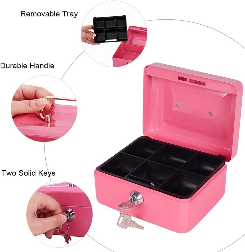 Parrency Cash Box with Money Tray, Small Money Box with Key Lock, 6" x 4 4/5" x 3", Pink - Image 4