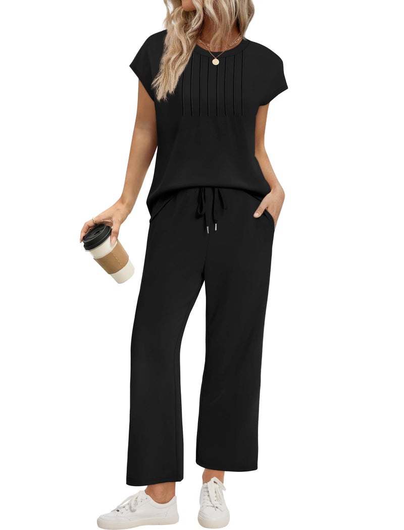 Sampeel 2 Piece Sets for Women Summer Vacation Outfits Casual Two Piece Lounge Sets Travel Outfits Spring Clothes Cruise Capsule Wardrobe for Women 2026 Fashion Clothing Trendy Black M - Image 2