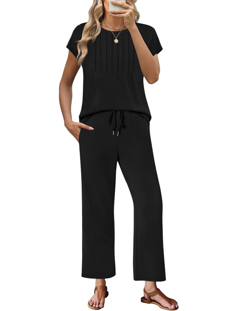 Sampeel 2 Piece Sets for Women Summer Vacation Outfits Casual Two Piece Lounge Sets Travel Outfits Spring Clothes Cruise Capsule Wardrobe for Women 2026 Fashion Clothing Trendy Black M - Image 3