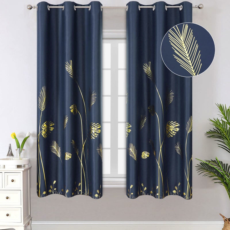 Estelar Textiler Palm Tree and Wheat Blackout Energy Saving Curtains Light Blocking Window Panels for Kids Bedroom Navy Blue 38Wx63L 2 Panels