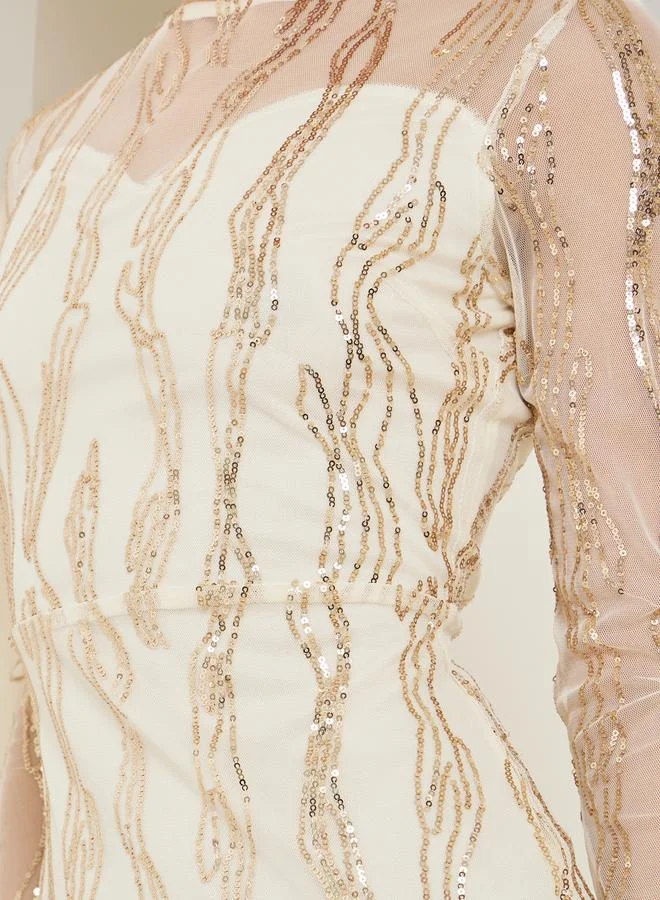 Styli  Cream Sequin Mesh Insert Maxi Dress for Women | Best Price UAE