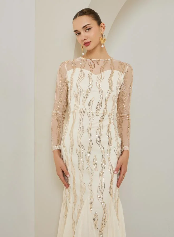Styli  Cream Sequin Mesh Insert Maxi Dress for Women | Best Price UAE