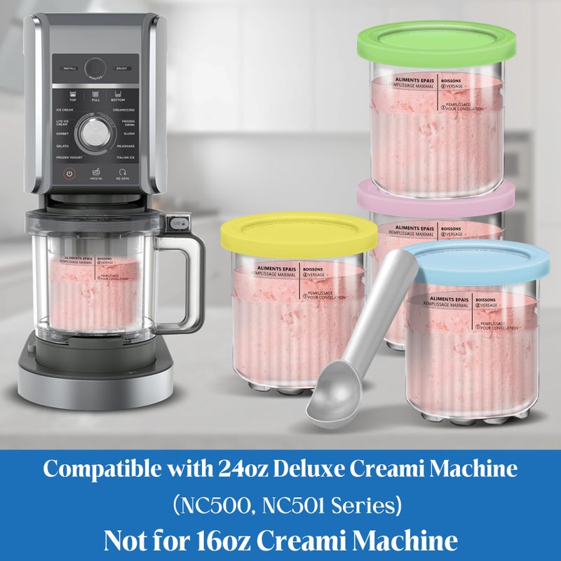 Gropecan Creami Pints and Lids for Ninja - 4 Pack 24 oz Deluxe 11-in-1 Creamy Icecream Containers Cups Jars Tubs Canisters Set  Smoothie Pot Compatible with NC501 NC500 Series Creamer Ice Cream Maker Machine  - Image 2