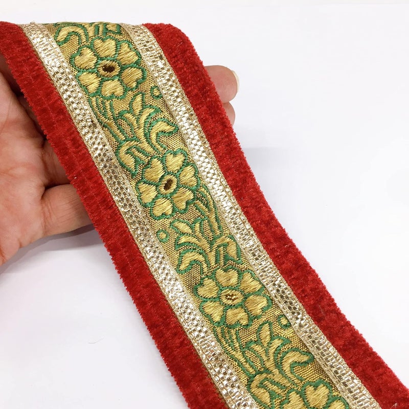 Lami 9 Meter Green Work & Maroon Border Flower Design Weaving Work Lace with Golden Zari Work, Banarasi Saree Lace Border Trim, Bridal Lehenga Dupatta Suit Anarkali, Indian Fashion Accessories - Image 5