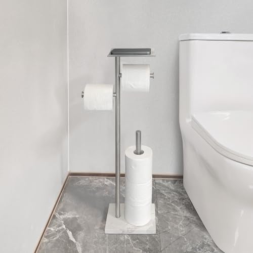 GZILA Toilet Paper Holder Stand with Shelf, Marble Base Heavy Free Standing Toilet Paper Double Roll Holders SUS304 Stainless Steel Brushed Nickel, Storages 4 Reserve Rolls Dispenser - Image 5