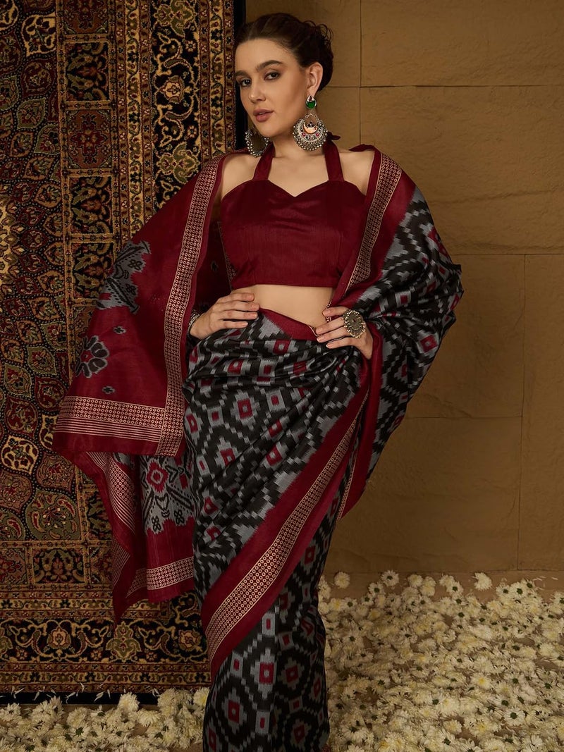 saree mall ساري مول ساري حرير باهغالبوري أسود للنساء مع بلوزة غير مخيطة (34WOM34910_HS) - Image 5
