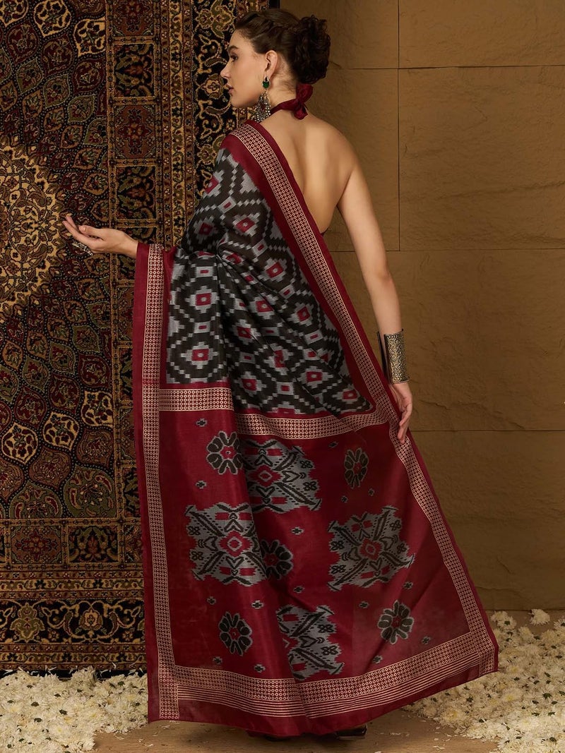 saree mall ساري مول ساري حرير باهغالبوري أسود للنساء مع بلوزة غير مخيطة (34WOM34910_HS) - Image 2