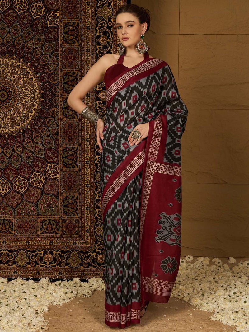 saree mall ساري مول ساري حرير باهغالبوري أسود للنساء مع بلوزة غير مخيطة (34WOM34910_HS) - Image 3