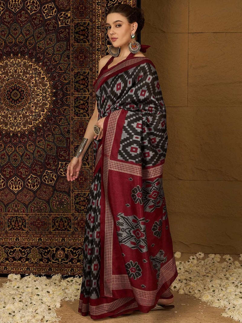 saree mall ساري مول ساري حرير باهغالبوري أسود للنساء مع بلوزة غير مخيطة (34WOM34910_HS) - Image 4