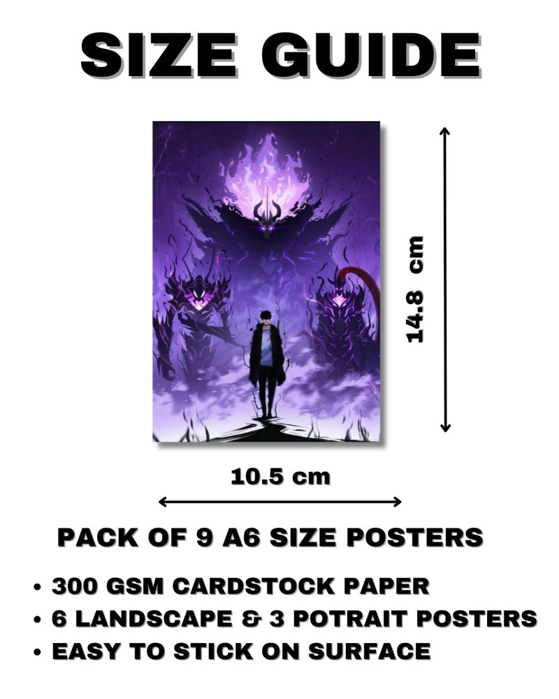 Solo Leveling Posters Pack of 9 (10.5 x 14.8 cm) 300 GSM | Anime Solo Leveling Wall Decor | Anime Wall Prints | Anime Posters | Anime Wall Collage Kit for Office, Living Room (Pack of 9)  - Image 3