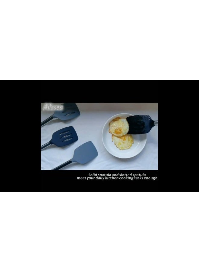 Luckam Silicone Spatula Set, Solid & Slotted Non-Stick Turners, Heat Resistant BPA-Free Rubber Spatulas with Stainless Steel Handles for Fish, Eggs, Pancakes, Wok Cooking, Black, 2 Pack - Image 4