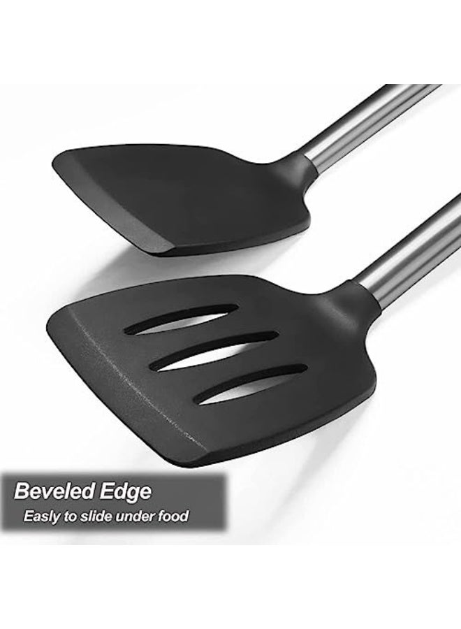 Luckam Silicone Spatula Set, Solid & Slotted Non-Stick Turners, Heat Resistant BPA-Free Rubber Spatulas with Stainless Steel Handles for Fish, Eggs, Pancakes, Wok Cooking, Black, 2 Pack - Image 3