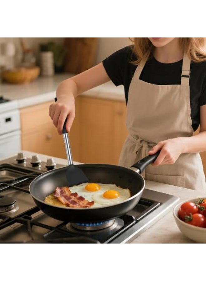 Luckam Silicone Spatula Set, Solid & Slotted Non-Stick Turners, Heat Resistant BPA-Free Rubber Spatulas with Stainless Steel Handles for Fish, Eggs, Pancakes, Wok Cooking, Black, 2 Pack - Image 5