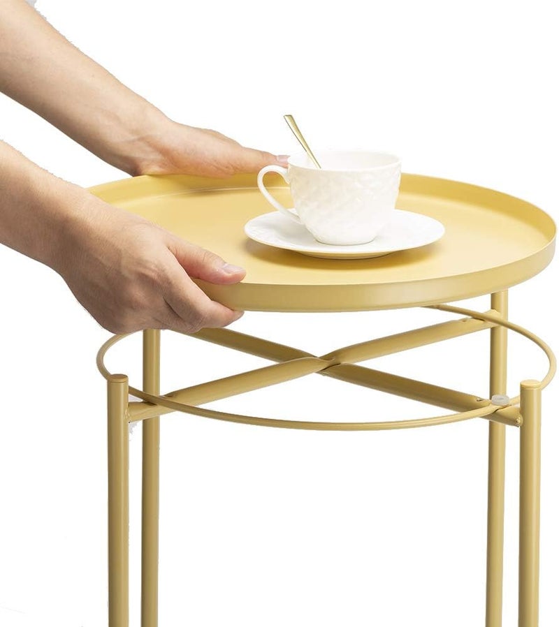 danpinera End Table, Metal Side Table Small Outdoor Table Round Side Table with Removable Tray for Living Room Bedroom Balcony Patio and Office (Pale Yellow) - Image 3