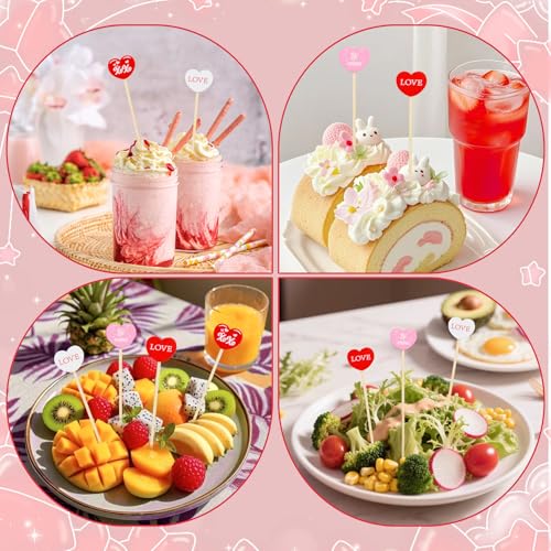 KIGEAPUEL 100 Pack Heart-Shaped Bamboo Cocktail Picks, 4.7" Valentine's Day Toothpicks for Appetizers, Bamboo Food Skewers for Valentines Wedding Decoration - Image 4