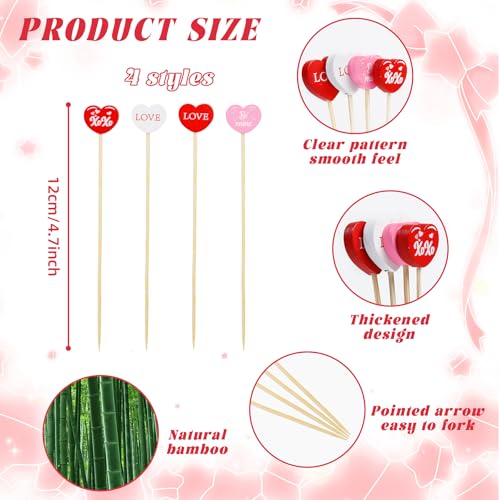 KIGEAPUEL 100 Pack Heart-Shaped Bamboo Cocktail Picks, 4.7" Valentine's Day Toothpicks for Appetizers, Bamboo Food Skewers for Valentines Wedding Decoration - Image 2