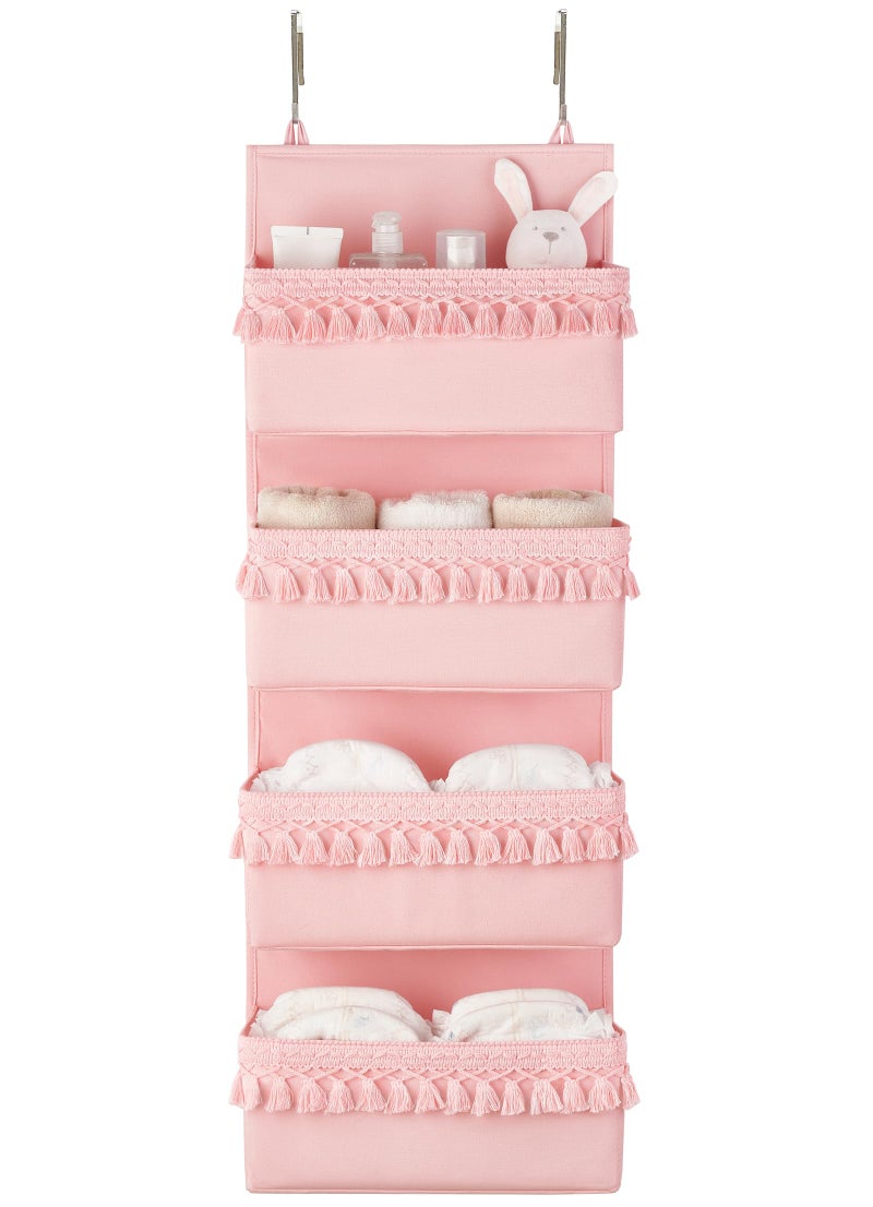 Dahey Over The Door Organizer Boho Nursery Storage Decor Closet Hanging Organizer with Tassels Decoration for Bedroom Nursery Bathroom Apartments Dorm Pantry, 4 Pockets, Pink - Image 1