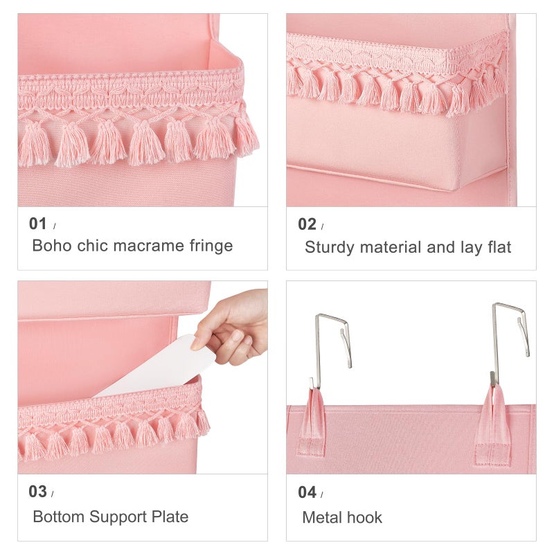 Dahey Over The Door Organizer Boho Nursery Storage Decor Closet Hanging Organizer with Tassels Decoration for Bedroom Nursery Bathroom Apartments Dorm Pantry, 4 Pockets, Pink - Image 4