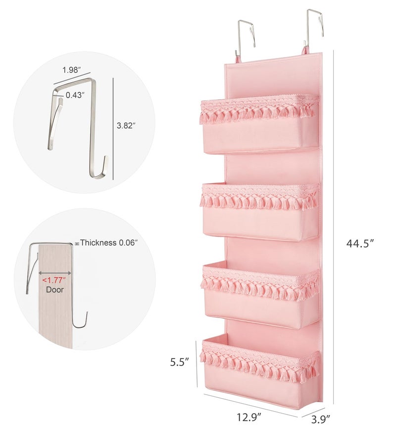 Dahey Over The Door Organizer Boho Nursery Storage Decor Closet Hanging Organizer with Tassels Decoration for Bedroom Nursery Bathroom Apartments Dorm Pantry, 4 Pockets, Pink - Image 3