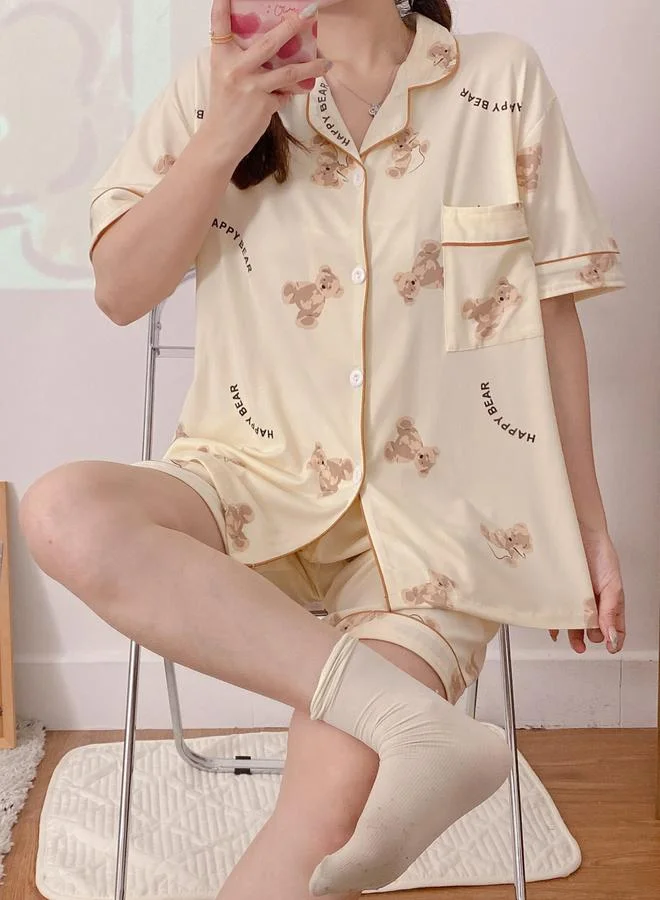 Take Two  Bear Print Short Sleeve Shirt and Shorts Pyjama Set for Women | Best Price UAE